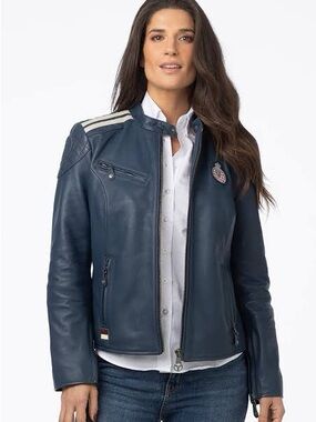 Royal Blue Leather Women Moto Jacket “AUTOMOBILE CLUB DE MONACO” XS